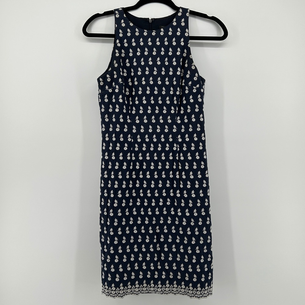 Ann Taylor Navy Blue Floral Embroidered Eyelet Cotton Sheath Dress 0 Cottagecore